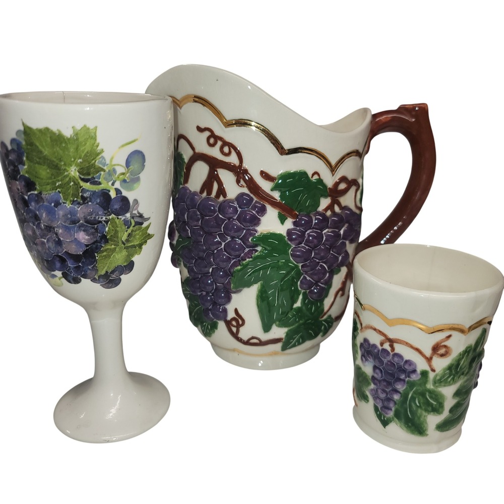 Vintage‎ Embossed Grape Vine Ceramic Pitcher Majolica Style Fruit Relief Jug